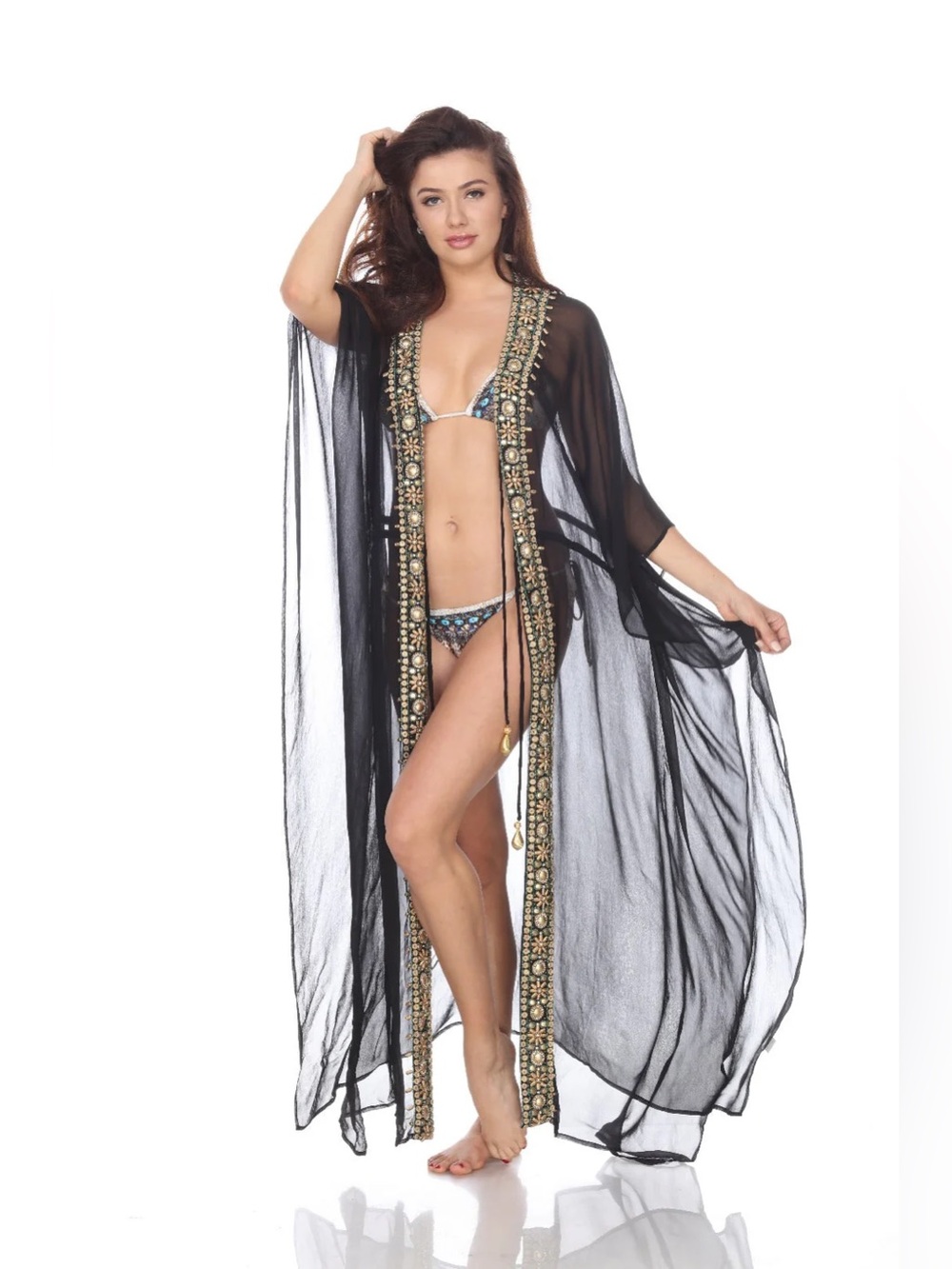 BOSTON PROPER US women’s M Beaded Rhinestone Duster Swim Cover Up Beach Resort